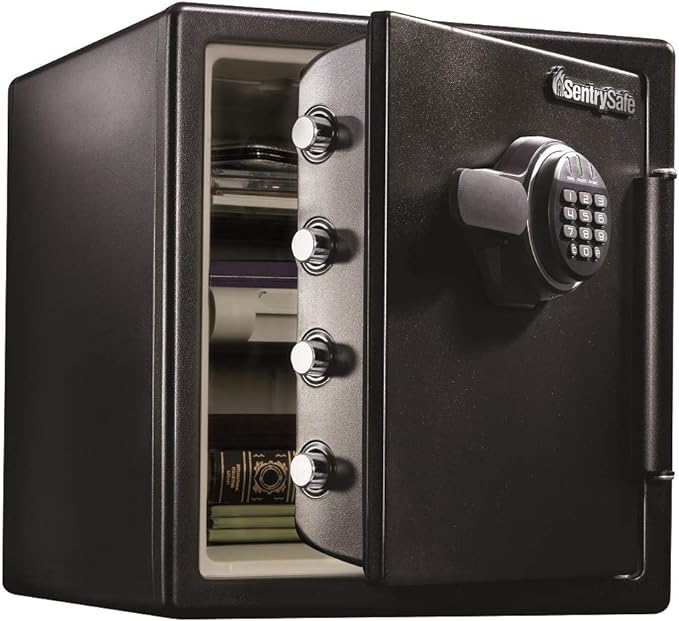 SentrySafe Fireproof and Waterproof Black Steel Home Safe with Digital Keypad Lock and Organization Trays for Money, Documents, 1.23 Cubic Feet, SFW123EU