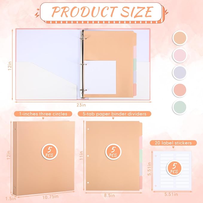 Ctosree 5 Sets 1 Inch Heavy Duty 3 Ring Binder with 2 Pockets with 5 Tab Dividers 8.5 x 11 Inch Plastic Film and File Folder Labels for Letter Size Paper Office Home Supplies(Lovely Color)