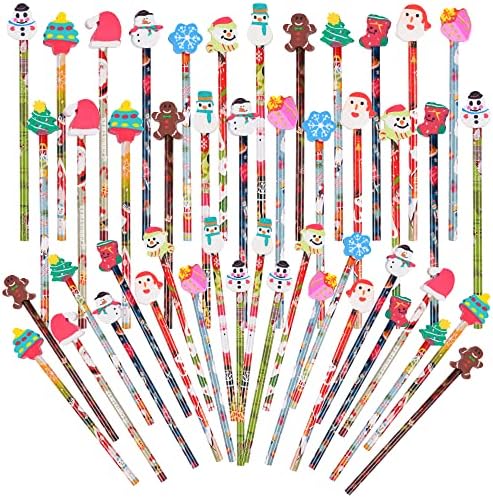 SAIWEILAI ONLINE 100 Pieces Christmas Pencils Elk Snowflake Wood Pencils with Giant Snowman Xmas Tree Eraser Assortment Christmas Stationery Pencil for Christmas Supplies