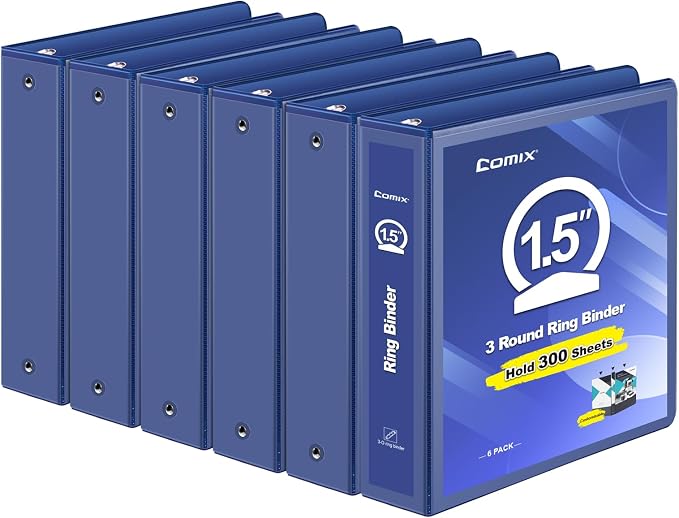 COMIX Sturdy 1.5 Inch 3 Ring Binder with Clear View Cover | 1.5"Heavy Duty Round Ring,PVC-Free Board,Holds 300 Letter Sheets,Wholesale for Offices & Classrooms,6 Pack (Dark Blue)