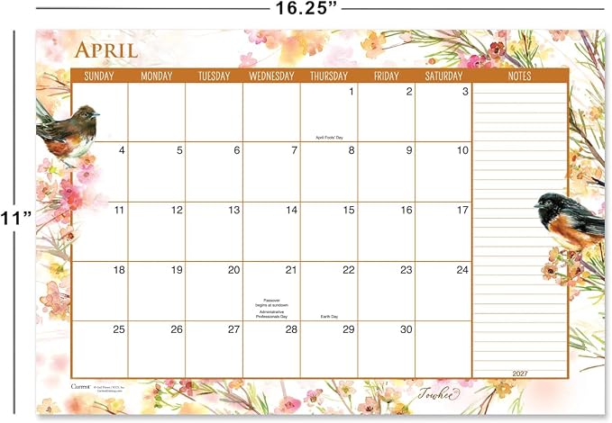 Current 2027-2028 Desk Calendar Pad | Year of Birds, 11” x 16.25”, Large, 2024-Month, 12 page Designs, Self-Stick Magnet Strips