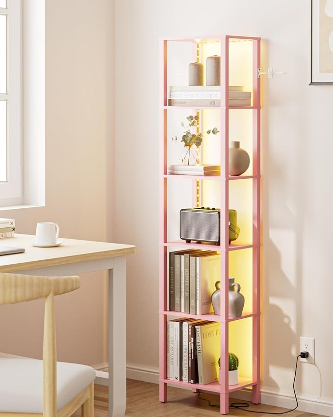 Open Book Shelf with LED Lights, 6 Tier Tall Bookshelf, Freestanding Shelf Narrow Bookcase with Open Shelves, 14.57" x 10.63" x 65.83", Book Shelves for Living Room, Office, Study, Pink