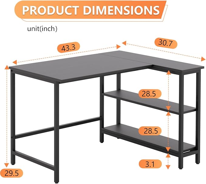 FDW L-Shaped Gaming Desk 43 Inch Computer Desk Corner Desks with Reversible Side Storage Shelves Study Desk Metal Frame PC Work Table for Home Office Dorm Sturdy Writing Workstation,Dark Black