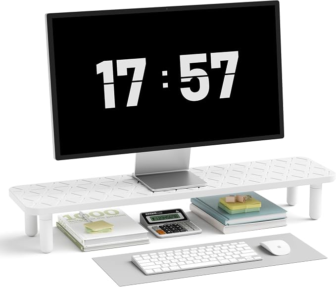 AFOOYO Dual Monitor Stand For Desk,31 Inch Adjustable Wood Computer Riser Desktop Storage Stand For Computer,Laptop,Printer,TV,White Grid