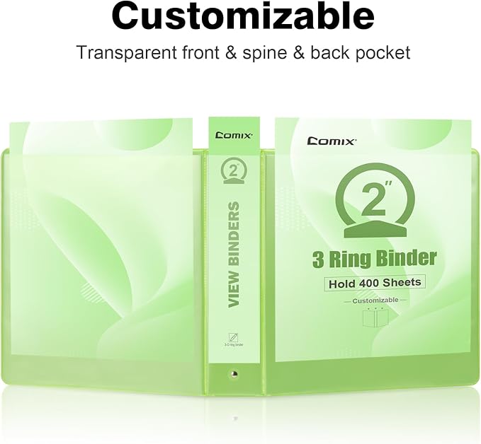 COMIX Sturdy Standard 2 Inch 3 Ring Binder with Clear View Cover | 2"Round Ring,PVC-Free,Holds 400 Letter Sheets,Morandi Multicolor for Students & Office,6 Pack (Light Green)