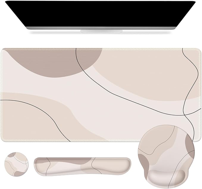 iCasso Brown Art Mouse Mat 35.4"x15.7", Computer Mat for Workspace | Whimsical Keyboard Wrist Rest Ergonomic Desk Pad for Computer, Mousepad Set for Teacher Women Office Workspace Area