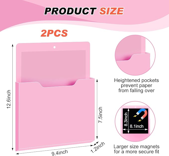 Feifeiya 2 Pcs Magnetic File Folder Wall Hanging Holder Large Pocket Paper Magazine Mail Organizer for Refrigerator Classroom Locker Whiteboard(Vertical,Pink Color,12.2 x 9.4 Inches)