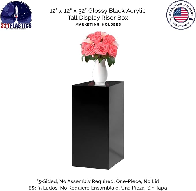 Marketing Holders 2 Pack Acrylic Display Riser Box Tall Pedestal Stand No Lids Art Glossy Black 12" x 12" x 32" Event Flower Arrangement Plant Stand Retail Product Riser
