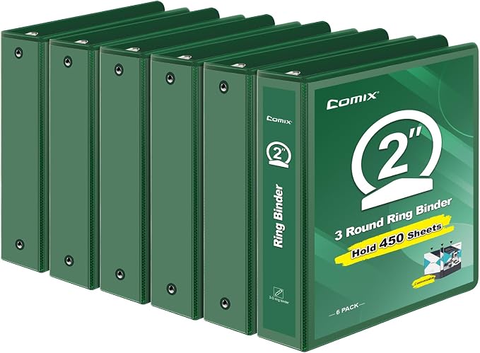 COMIX Sturdy 2 Inch 3 Ring Binder with Clear View Cover | 2"Heavy Duty Round Ring,PVC-Free Board,Holds 450 Letter Sheets,Wholesale for Offices & Classrooms,6 Pack (Green)