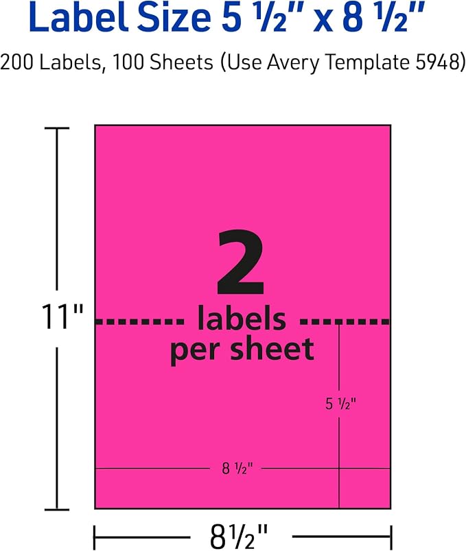 Avery Printable Shipping Labels, 5-1/2" x 8-1/2", Neon Magenta, Laser & Inkjet Compatible, 200 Blank Labels Total, Great for Branding, Mailing, Organizing, and More (5948)