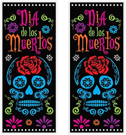 Beistle Day Of The Dead Door Covers – 2 All-Weather Día de los Muertos Plastic Door and Wall Decorations, Sugar Skull Design for Halloween Parties, Cultural Celebrations and Fiesta Events, 6' x 30"