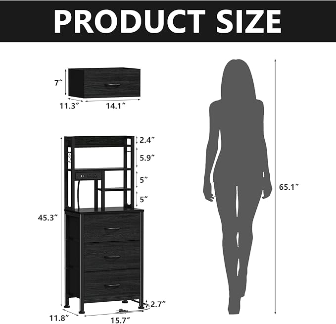 Black Nightstand with Bookshelf, Tall Bedside Table & Night Stand | 3 Fabric Drawers & LED Lights, 45.3" Bed Side & End table with Charging Station in Bedroom, Dorm, Metal Frame, Wood Shelves