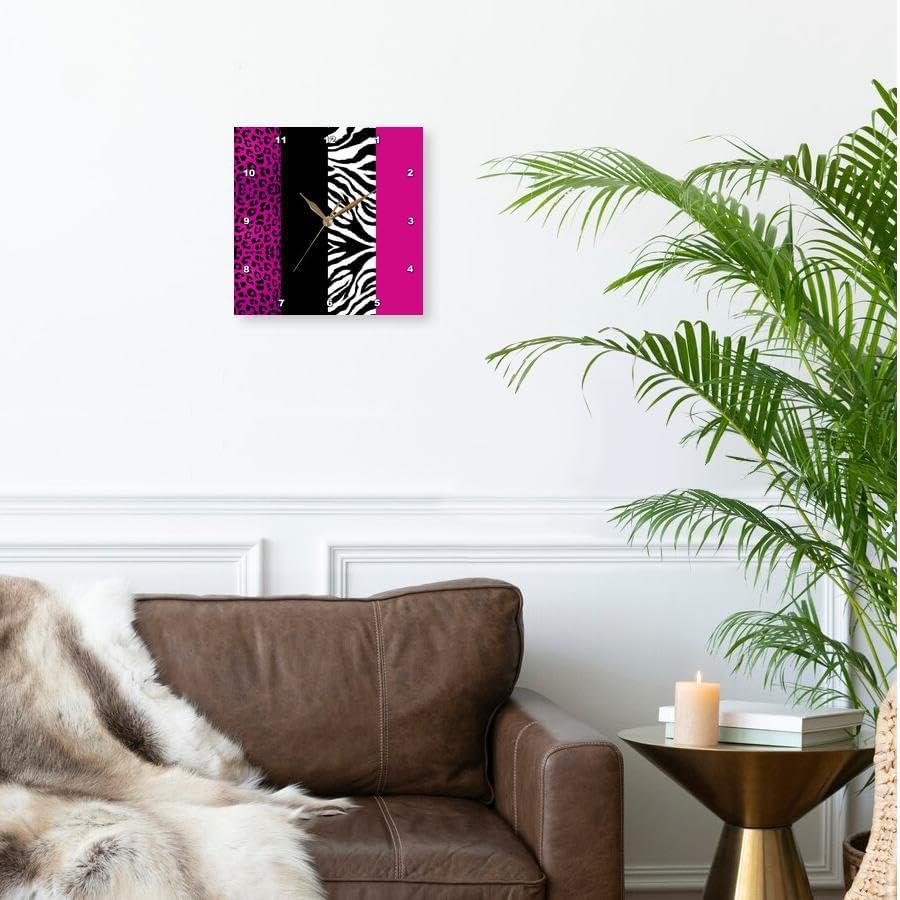3dRose DPP_35436_2 Pink Black and White Animal Print-Leopard and Zebra-Wall Clock, 13 by 13-Inch