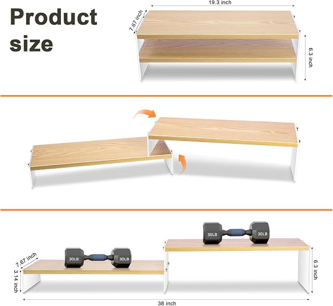 YGYQZ Adjustable Monitor Stand Riser, 7.67"×19.3" Dual Monitor Desk Stand | Adjustable Monitor Riser, Expandable Desk Organizer, 2-Tier Storage, Acrylic Legs, Ergonomic Workspace, Wood Wavy