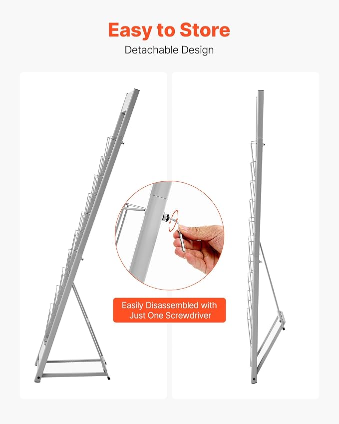 VEVOR Brochure Display Rack, 10 Pockets Magazine Literature Display Stand, Portable Floor Standing Magazine Rack, Metal Newspaper Catalog Holders for Shop, Exhibitions, Office, Trade Show, Silver