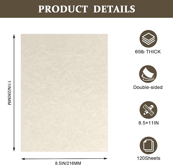 120 Sheets Parchment Cardstock, 8.5” x 11” Parchment Paper, 65lb/180 gsm Printer Paper for Certificate, Invitations, Menus, Crafts, DIY Cards | Ivory