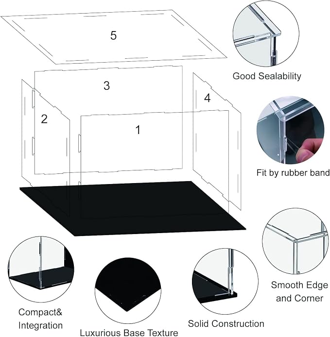 Clear Acrylic Display Case,Self-assembly Display box with black acrylic base,Countertop Box Cube Organizer Stand Riser Dustproof Protection Showcase for action Figures toys Collectibles(10x4x5.7 inch)