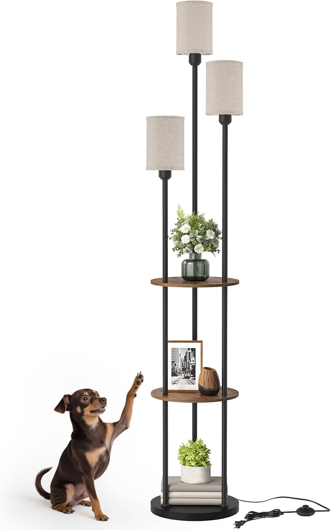 70.9" Floor Lamp with Shelves, Modern Floor Lamp with 3 Linen Shades and Foot Switch, 3-Light Standing Lamp, for Living Room, Bedroom, Study, Office, Rustic Brown and Beige EF53LD05