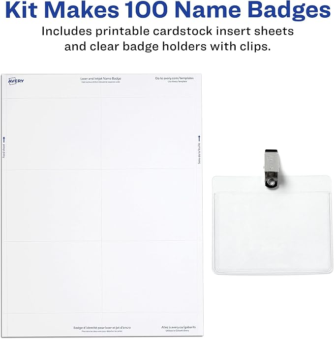 Avery Customizable Name Badges, Clip Style, 3" x 4", Clear Name Tag Holders, White Laser/Inkjet Printable Inserts, 100 Total (74541)
