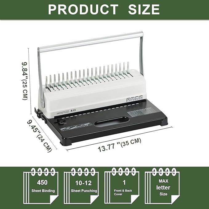 HOUYEE Comb Binding Machine,19 Holes, with 50 PCS 1/2" Binding Combs Spines | Comb Binder Machine for Letter Size/A5, Easy Punch No Jam, Heavy-Duty Metal Build, Adjustable Margin, MAX Binding 450 Sheets