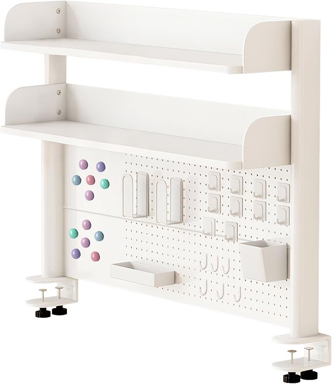 Clamp On Desk Organizer Shelf,Desk Extender Pegboard,White,23.6in | Computer Desk Accessories for Office,Desktop Bookshelf Storage Shelves for Desk, Desktop Shelving System