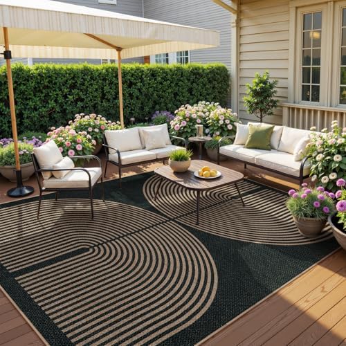 Lahome Modern Rainbow Easy Jute Outdoor Rug 6x9, Black Patio Classroom Rug