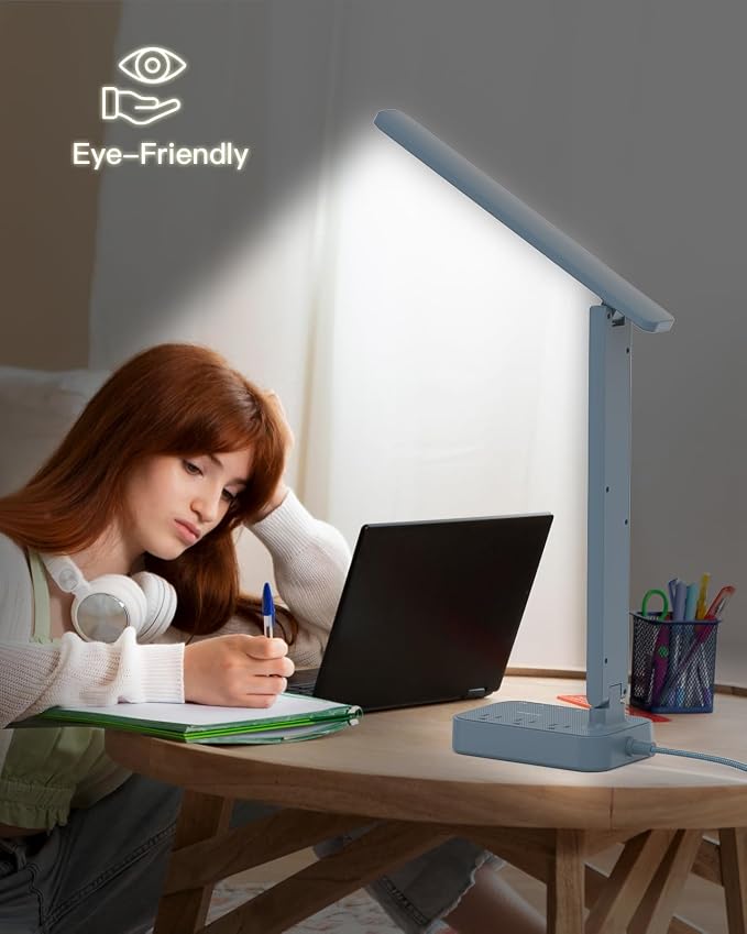 Addtam LED Desk Lamp, Power Strip with 3 Outlets 4 USB Charging Ports(2 USBC), 4 Modes 5 Level Brightness Touch Lamp, Small Desk Lamp for Home Office College Dorm Room Essentials, Blue
