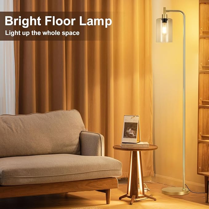 Ziisee Floor Lamps for Living Room - Industrial Standing Lamp with Glass Shade, Modern Gold Floor Lamp with LED Bulbs, Farmhouse Floor Lamp for Bedroom, Tall Lamp for Office - Gold