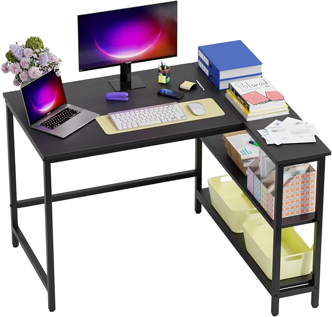 FDW L-Shaped Gaming Desk 43 Inch Computer Desk Corner Desks with Reversible Side Storage Shelves Study Desk Metal Frame PC Work Table for Home Office Dorm Sturdy Writing Workstation, Black