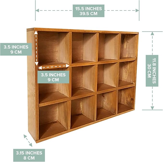 12-Slot Wood Display Cabinet 12 x 15.5 Square Cubby Shelf Organizer - Tabletop or Wall Shelf - Farmhouse Decor Organizers and Storage - Rustic Wall Decor - Cube Storage & Display Cabinet