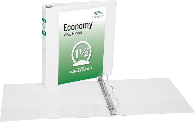 Office Essentials Economy View 3 Ring Binders, 1.5" Round Rings, 2.1" Spine, 275-Sheet Capacity, White Binders (12-Pack of 03426)
