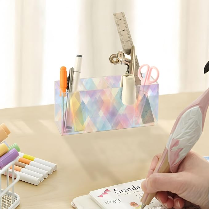 Neon Color Graphics Acrylic Pencil Pen Holder Desk Accessories Holder, Cosmetic Brush Organizer Modern Design Desktop Stationery Organizer for Office School and Home 7.87 x 2.48 x 3.54 In