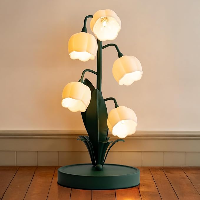 WERFOP Vintage Lily of the Valley Flower Table Lamp | 3 Color Adjustable LED Bedside Lamp, Cute Night Light for Bedroom, Living Room, Dorm Room, Office & Home Decor (Dark Green)