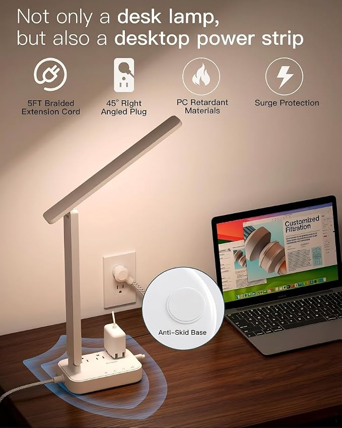 Addtam LED Desk Lamp, Power Strip with 3 Outlets 4 USB Charging Ports(2 USBC), 4 Modes 5 Level Brightness Touch Lamp, Small Desk Lamp for Home Office College Dorm Room Essentials, White