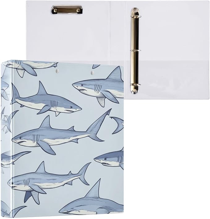 Realistic Blue Sharks Decorative 3 Ring Binder 1.5 Inch Large View Binders with Pockets Holds 200 Sheets File Organizer for Office College School, 1 Pack