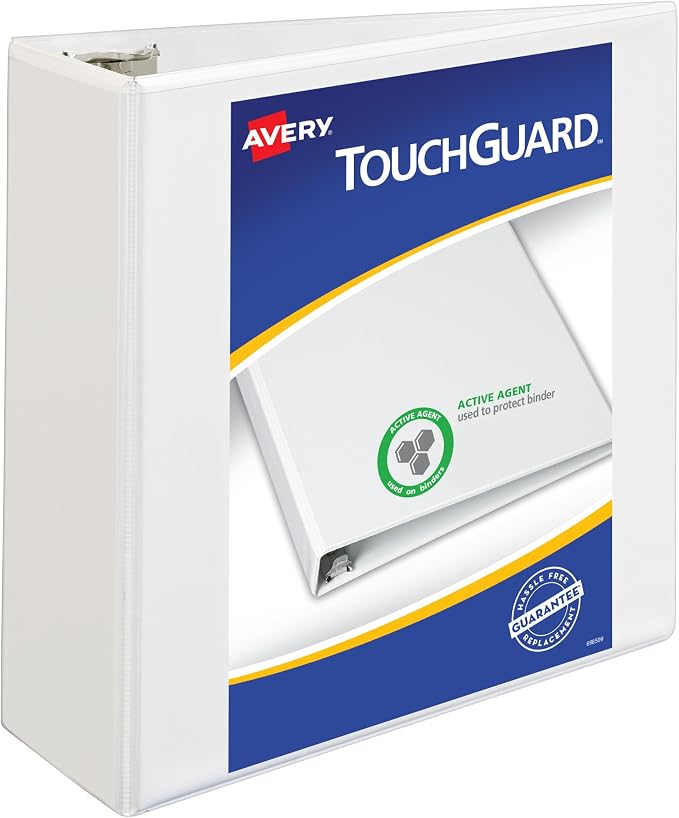 Avery TouchGuard Protection 3 Ring Binder, Customizable Cover, 4 Inch Slant Rings, 1 White Binder (17145) | For Daily School, Office and Hospital Use, TouchGuard Protection, Cleanable Cover, Smudge-Resistant Interior Pockets