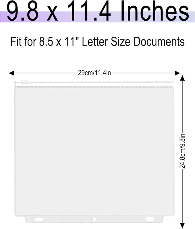 8 Pack Clear Letter Size Binder Pockets 3 Ring Binder Zipper Pouch Document Organizer, Waterproof PVC 3-Hole Loose Leaf File Bags Insert Sleeves Page Sheet Protectors Business Office Supplies