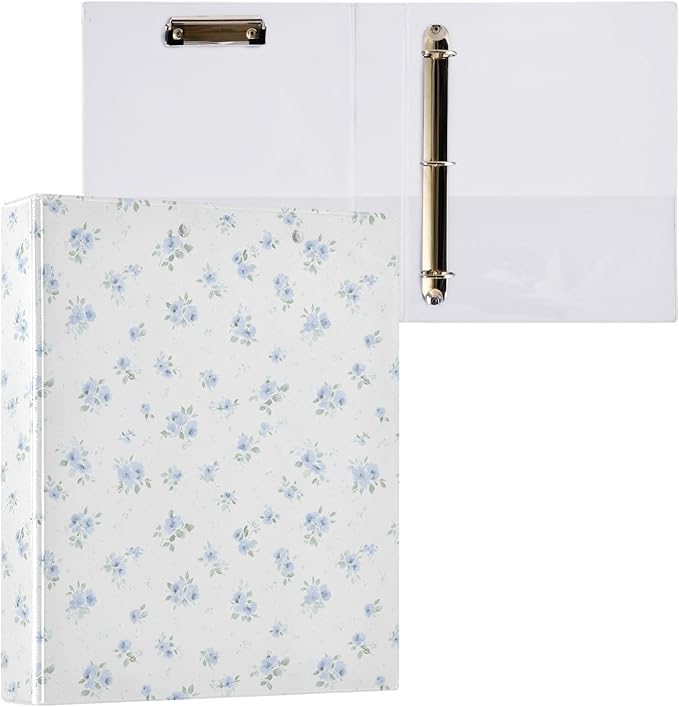 Blue Small Floral 3 Ring Binder 1.5 Inch 1 Pack with 200 Sheet for Kids School Supplies Women Men Office