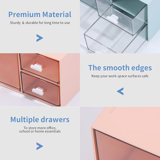 Stackable Storage Drawers, Office Desk Organizer with 4 Mix Drawers | Pink, Plastic Mini Desktop Storage Box, Tabletop Small Craft Drawer for Office Supplies, Makeup Desk Organizer and Accessory