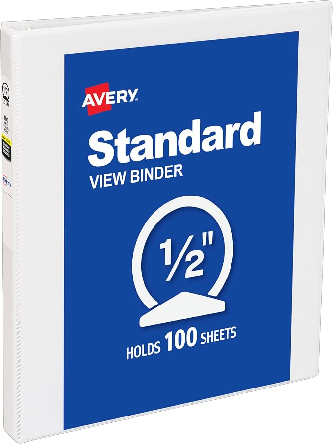 Avery Standard View 3 Ring Binder, 0.5" Round Rings, 1 White Binder | For School, Home and Everyday Organization, Clear View Covers, Interior Storage Pockets, PVC-Free Pockets, Lay-Flat Pages