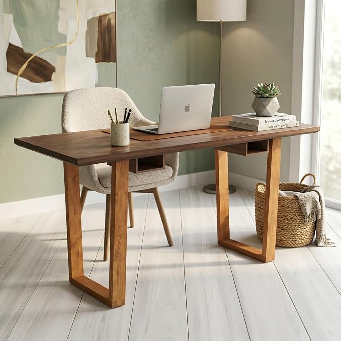 Hives & Honey Aiden Writing Desk, 64” Modern Wood Home Office Desk with Open Storage Compartments, Spacious Work Surface & Trapezoid Legs for Bedroom or Workspace, Oak