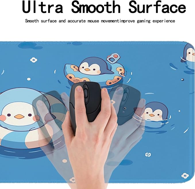 Blue Cute Anime Penguin Keyboard Pad,Non-Slip Gaming Mouse Pad,Large Size Stitched Edge Desk Pad for Office and Game X-Large（11.81"x31.49"x0.12"）