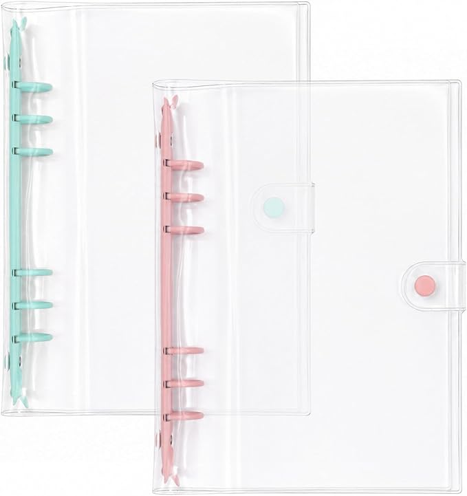 A5 Binder 6 Ring, Clear PVC Notebook Cover, Refillable Planner | Loose Leaf Budget Binder with Snap Button Closure, Round Ring Binder for School Office Home, 2 Pack, Blue and Pink