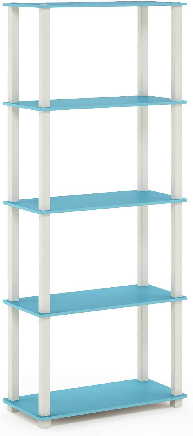 Furinno TURN-S-TUBE Book Shelf, 5-Tier Toolless Storage Shelves with Square Tubes, Shelving Unit for Organization and Storage for Living Room, Home Office, Light Blue