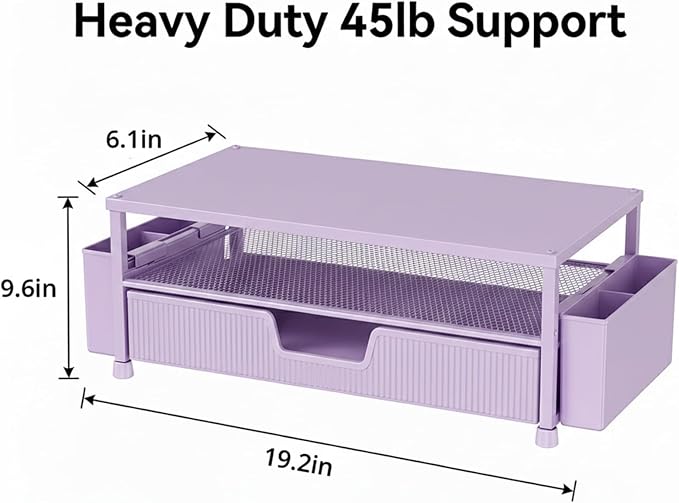 ECOLOVI Desk Organizer and Accessories, 2-Tier Computer Monitor Stand Rise with Storage Drawer & 2 Pen Holders, Laptop & Printer Stand for Desktop, Workspace Organizers for Office Supplies (Purple)