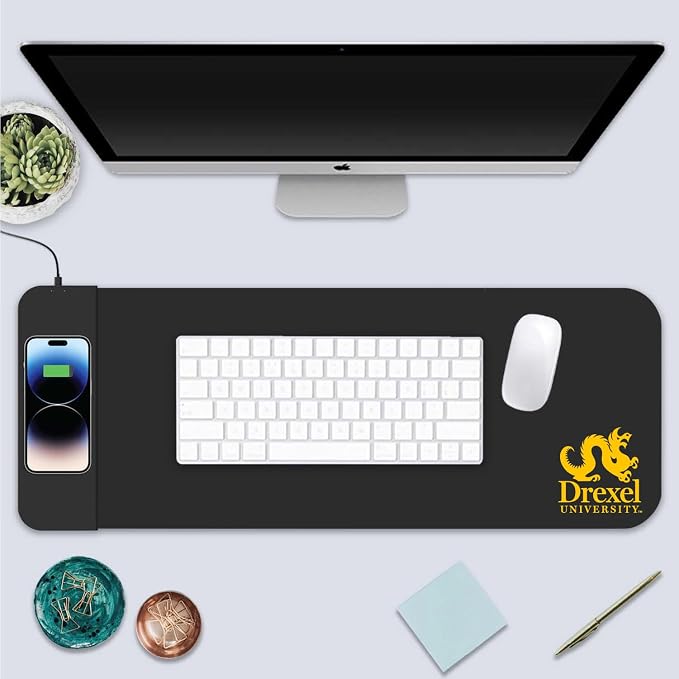 Drexel University Classic Wireless Charging Cloth Desk Mat, Durable Office Supplies, Non-Slip Base, Quick Charging Wireless Desk Pad, Black