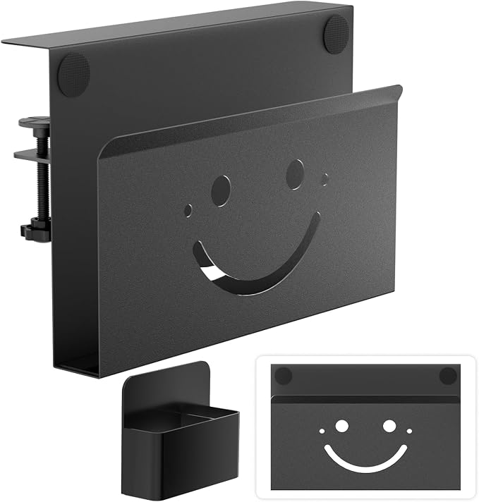 Onemake Desk Side Storage, Funny Smile No Drill Laptop Holder, Clamp on Desks Shelf with Magnetic Pen Holder, Hanging Desk Organizer for Home Office, Fits Flat Edge Tables 0.4" to 2.3"