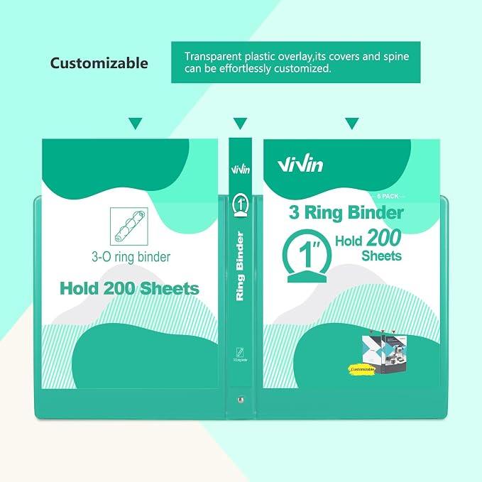 ViVin 1 Inch Round Ring View Binder for Durability, 6-Pack (Lake Green) | Standard 3 Ring Binder for 200 Sheets of US Letter Size Paper, PVC-Free, Clear View Cover, Office Home School Use