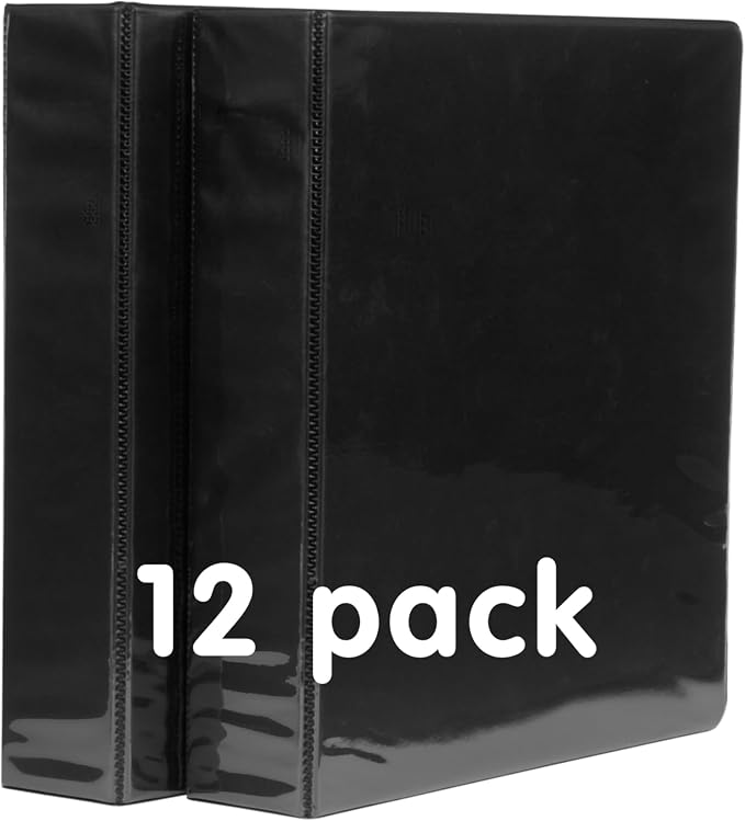 12 Pack Black 3-Ring Binders, 1.5", Slant D-Ring, Durable, EPI Premium, Heavy Duty, Holds 375 Sheets, Clear View Presentation, Non-Stick, 2 Inside Pockets, Organizer for School, Home Office