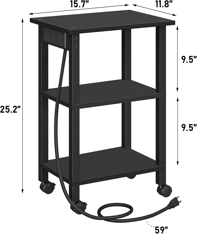 TUTOTAK Printer Stand, 3 Tier Rolling Printer Cart with Charging Station | Small Under Desk Printer Table with Wheels for Small Space, Office, Home, Black PS01BK001